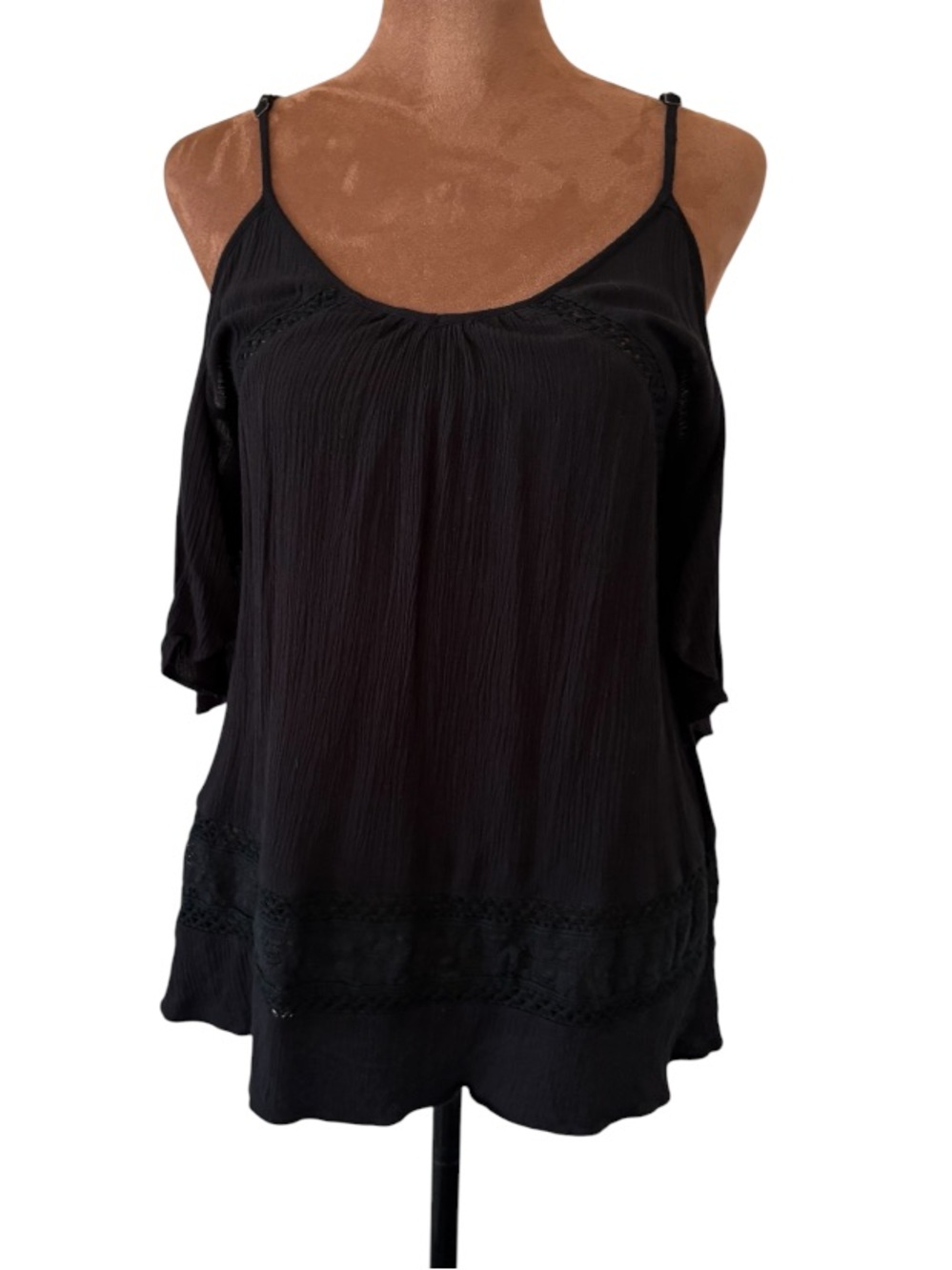 Heartloom Black Cold Shoulder Crochet Trim Boho Blouse Top XS Adjustable Straps